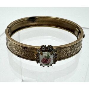 Child 6 1/4" Victorian Style Hinged Bangle Bracelet Enamel Painted Rhinestones